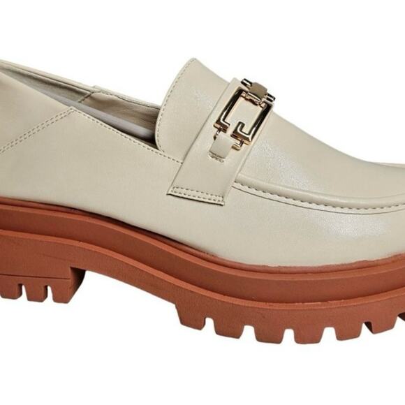 TRENDING PLATFORM LOAFERS FAUX LEATHER White/Tan CHUNKY SOLE NEUTRAL 8.5 - Picture 9 of 13
